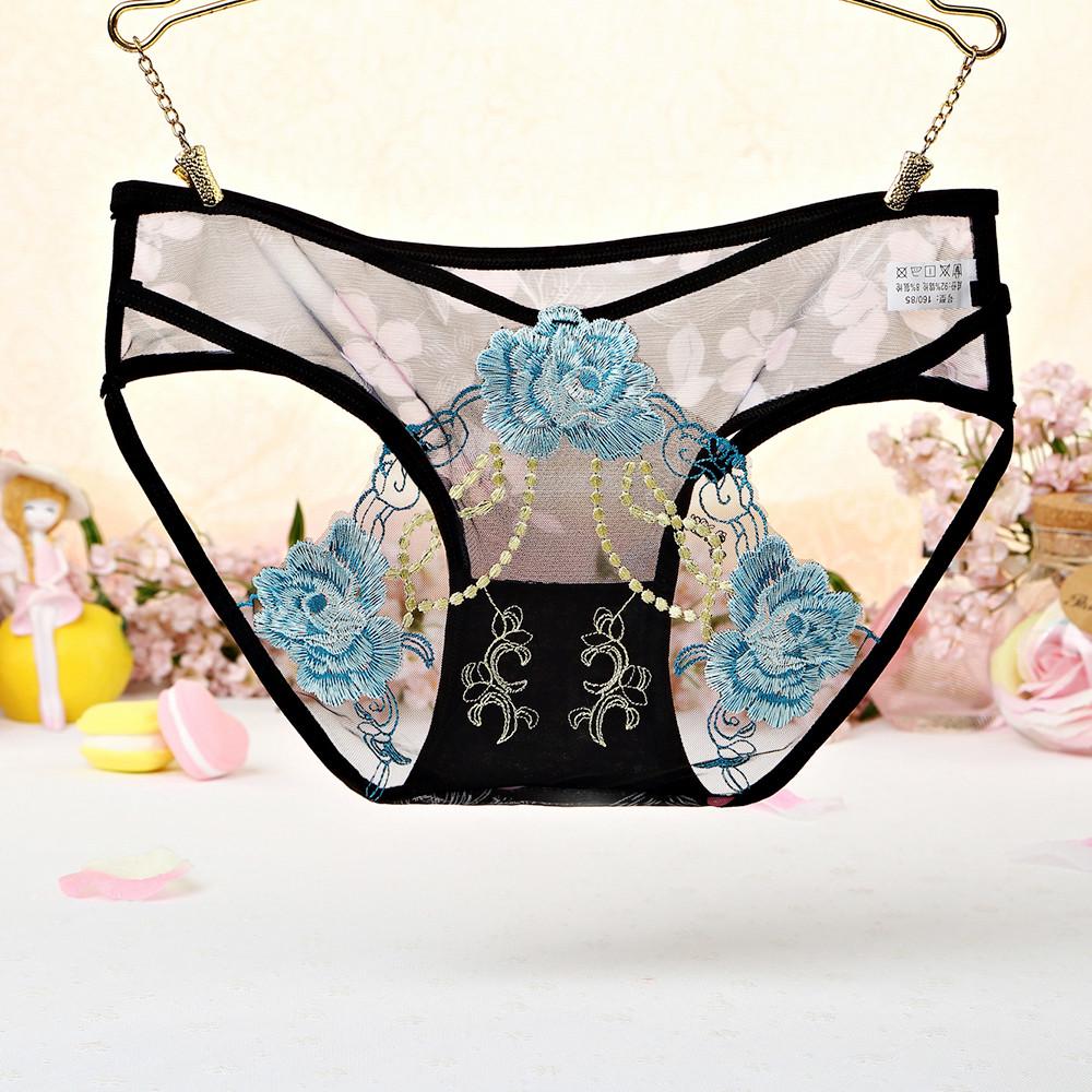 Women's Floral Embroidered Sheer Mesh Panties Hollow Out Design Soft Fabric Comfortable Fit Low Waist Briefs Underwear