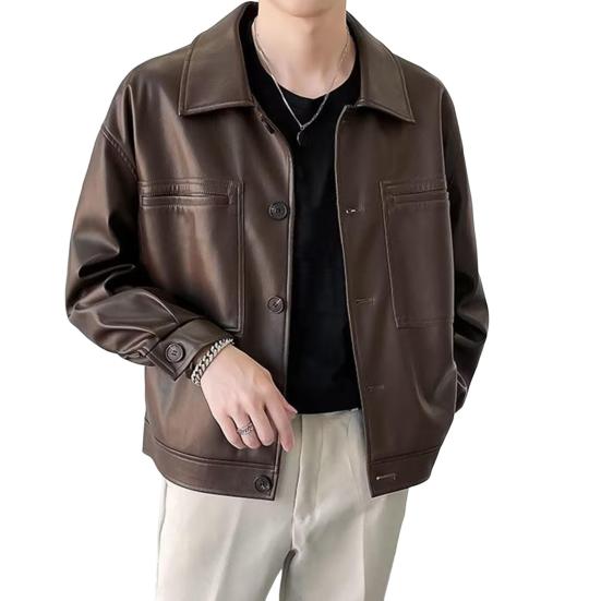 Men Jacket Lapel Long Sleeve Flap Pockets Single-Breasted Jacket Coat Solid Color Loose Fit Waterproof Warm Imitation Leather Jacket