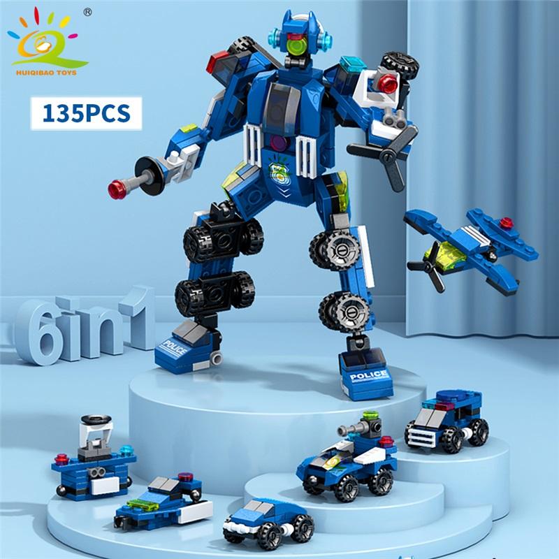 HUIQIBAO 6IN1 Stadt Baumaschine Polizeiwagen Bausteine Panzer Hubschrauber Steine Feuerwehr Set Spielzeug für Kinder