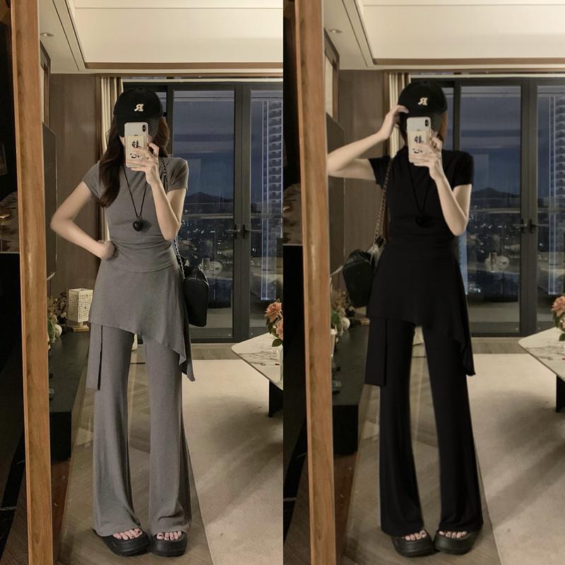Plus Size Summer Two-Piece Set: Short-Sleeved Slimming Top & Faux Two-Piece Floor-Length Trousers L