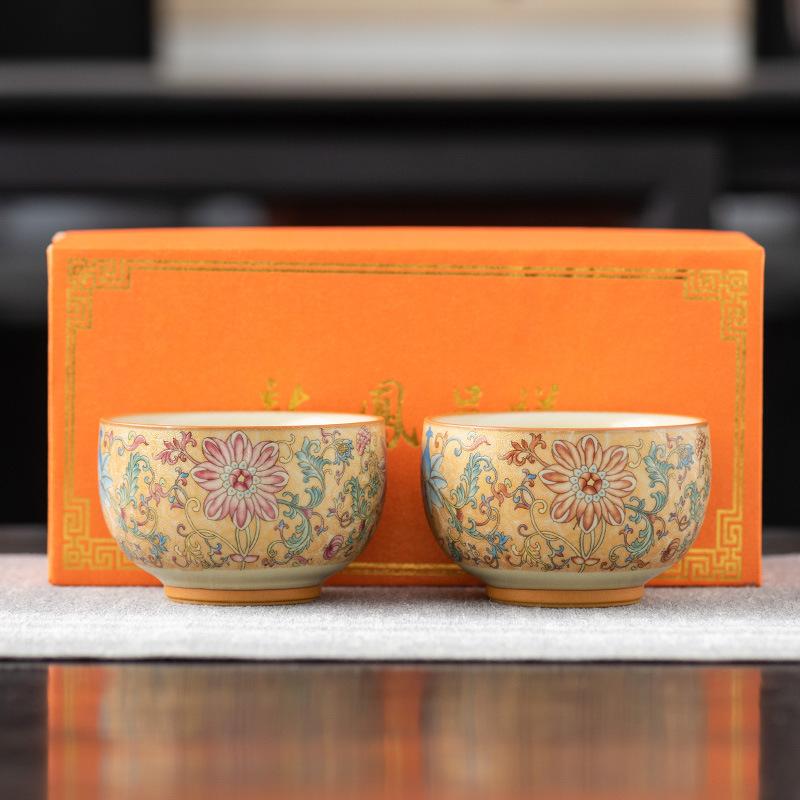 Enamel full color Ru kiln master teacup light luxury retro tea set cup gift box hardcover high-end father teacher gift