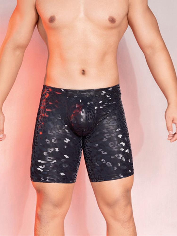 Sexy Herren Pu Kunstleder Kurze Hosen U Konvex Beutel Boxershorts Unterhosen Leopardenmuster Sexy Boxer Wetlook Gay Wear Erotische Dessous
