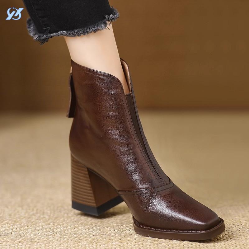 Large Size Rear Zipper High Heel Fashion Boots Women's Autumn New Thick Heel Retro Square Head Thin Short Boots