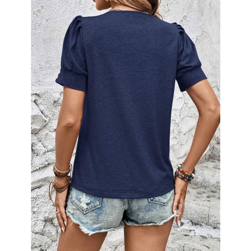 Women's Spring and Summer New Round Neck Loose Buttons Decorated Short-sleeved T-shirt Tops