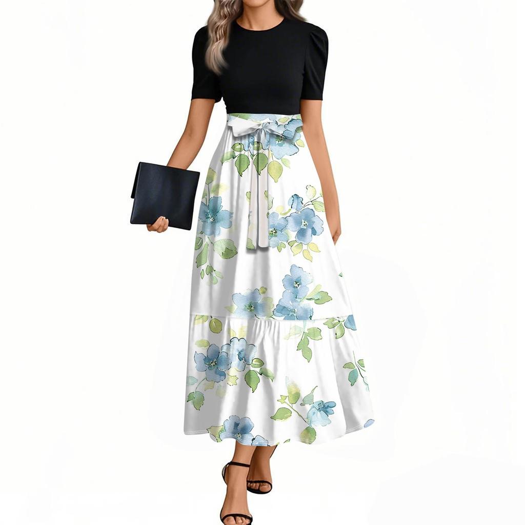 Women's Elegant Fashion Floral Print Belted Short Sleeve Round Neck Splicing Casual Dress