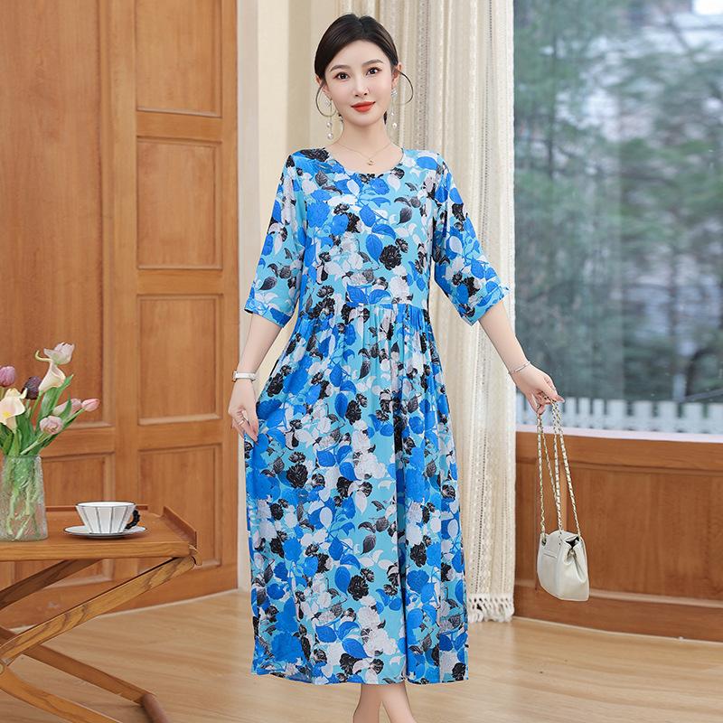 Women's Round Neck Five-Point Sleeve A-Line Floral Print Midi Dress Loose Casual Vintage Style Summer Daily Mom Long Dress
