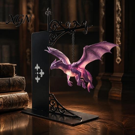 European Style Vintage Ornament Fantasy Dragon Bookshelf Lamp, Retro Flying Light, Iron Hanging Light Creative Bookend for Library Reading