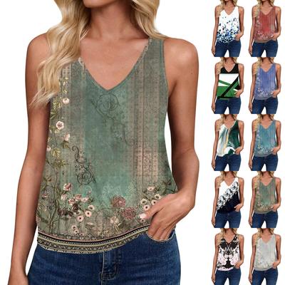 Tank Tops For Women Loose Fit Sleeveless V Neck Retro Printed T-Shirt Ladies Casual Summer Blouses