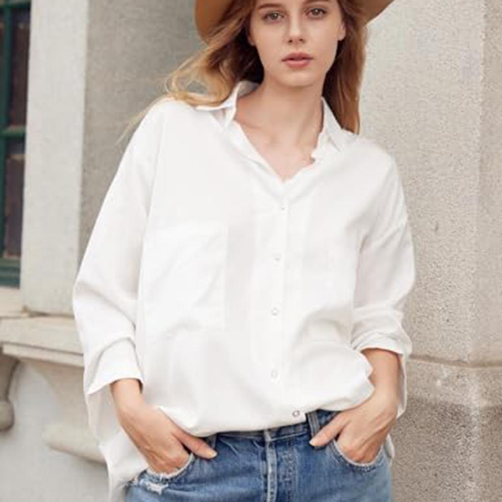 Women's Plus Size Loose Fit Denim Shirt with 3/4 Sleeves and Double Pockets Casual Everyday Top