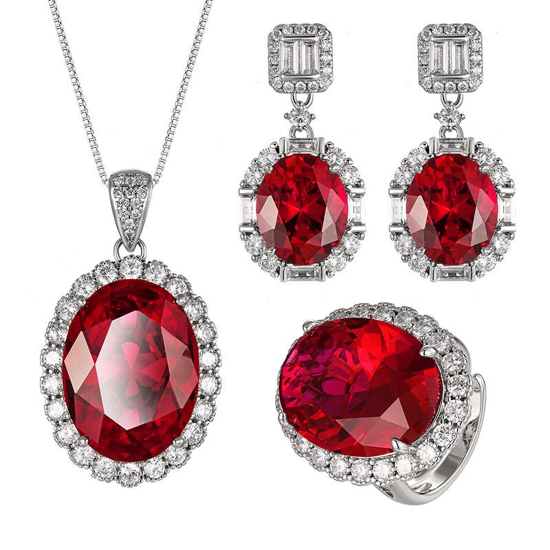 Jewelry Copper Bottom Gold-Plated Simulation Red Corundum High-End Jewelry Set Women'S Stone 15 * 20