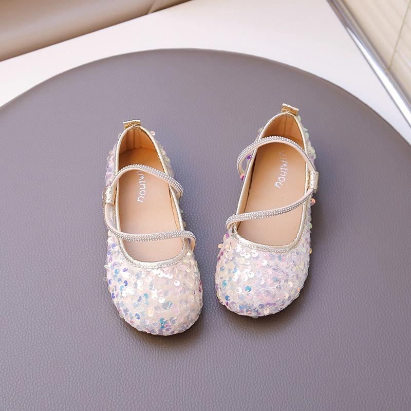 Girls Dance Performance Shoes Shiny Sequins Round Toes Children Flat Shoes Chic Soft Sole 2025 New Kids Leather Shoes Non-slip