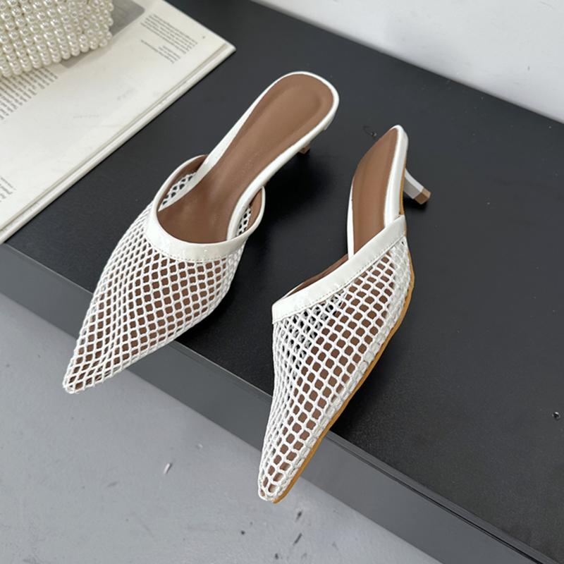 Fashion SUOJIALUN Women Slipper Fashion Pointed Toe Slip On Ladies Elegant Mesh Mules Shoes Thin High Heel Outdoor Sandal Big Size 41