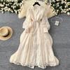 Abito Lungo Elegante Vintage da Donna Collo Alto Maniche a Lanterna Monopetto Ricami in Pizzo Cintura Annodata Abito Maxi Outfit Formale per Festa Primaverile
