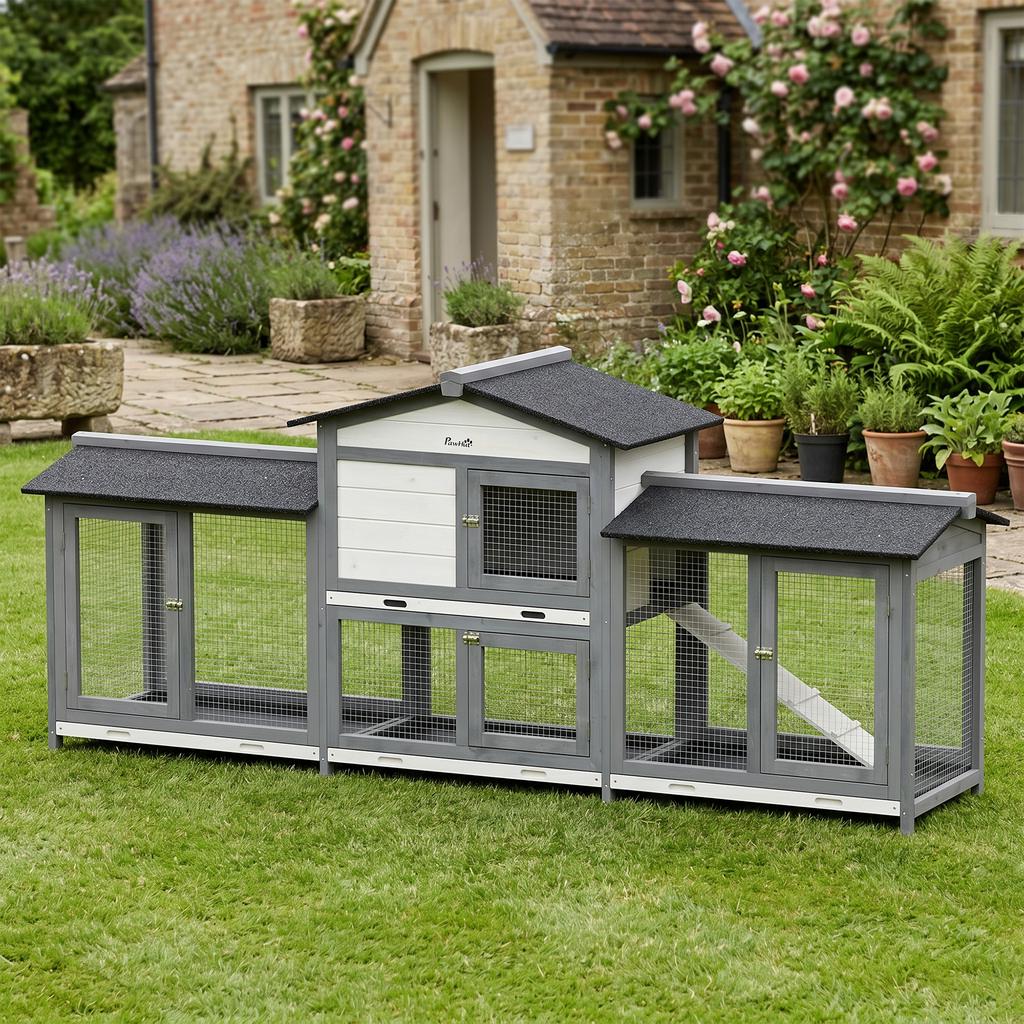 Large Rabbit Hutch 2-Tier Wooden Ramp 230 X 53 X 93.5cm Light Grey