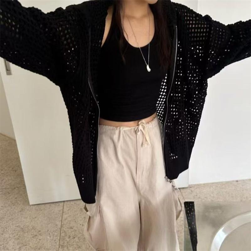 Women Hollow Out Knit Cardigan Hooded Zip Up Jacket Korean Style Spring Autumn Loose Lazy Thin Outerwear Casual Sweater Coat