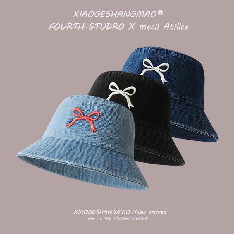 Embroidered bucket hat women travel sunscreen sunshade denim basin hat fashion new sweet bow
