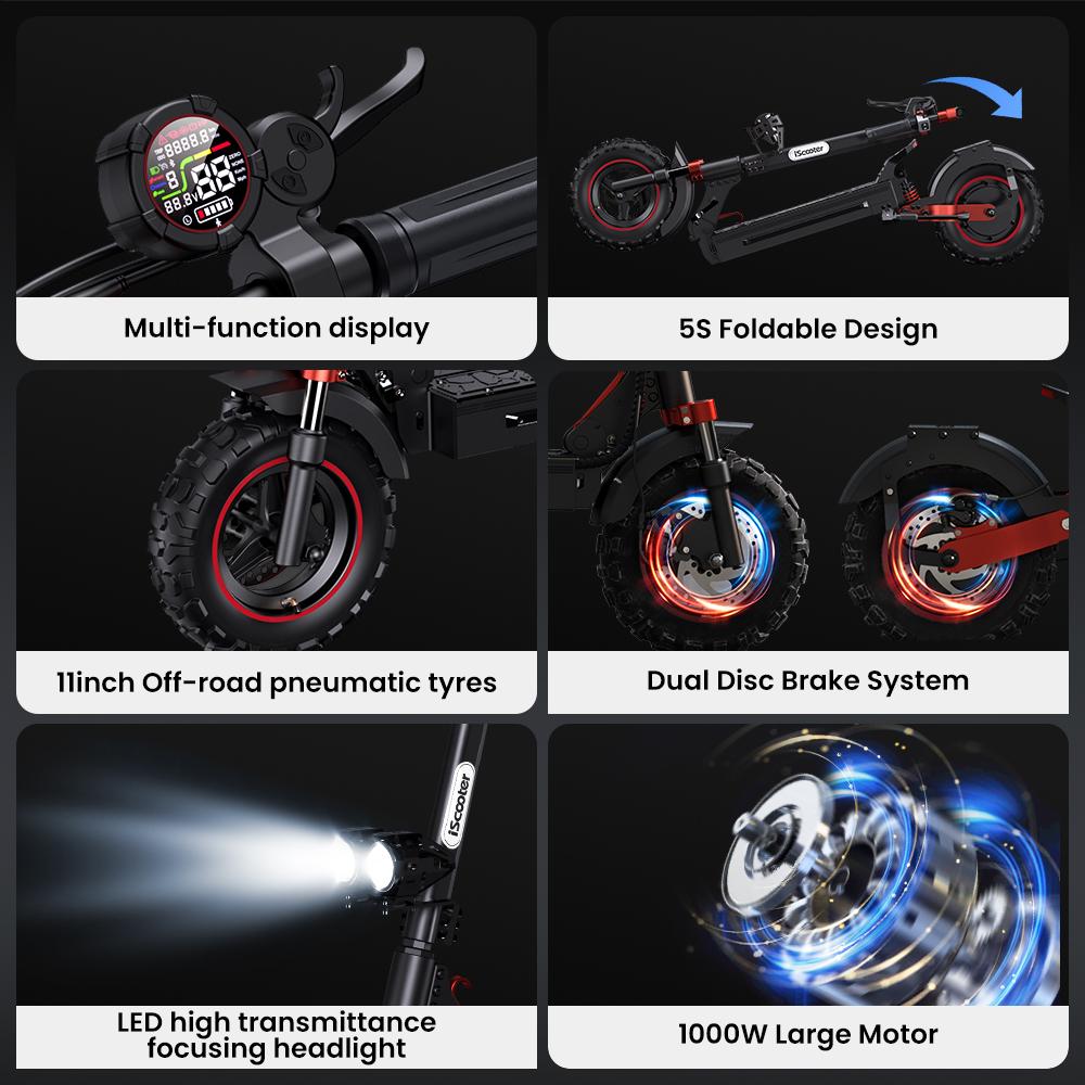 iScooter iX5S Electric Scooter 1000W 15Ah 11'' Off-Road Pneumatic Tires speed 25KM/H 60-65KM Range Adult Electric Scooters