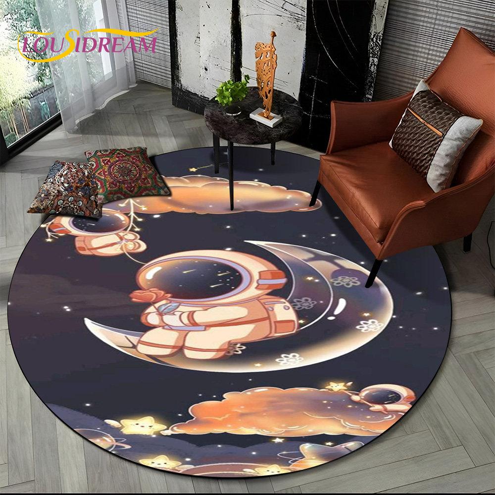 3D Astronaut Space Cartoon Round Area Rug,Carpet Rug for Living Room Children's Bedroom Sofa Playroom Decor,Non-slip Floor Mat