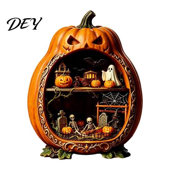 Halloween Cobweb Decorations Centerpiece Pumpkin, Wooden Pumpkin Ornament with Miniature Scenes, Rustic Scenes Skeleton for Farmhouse Home Table