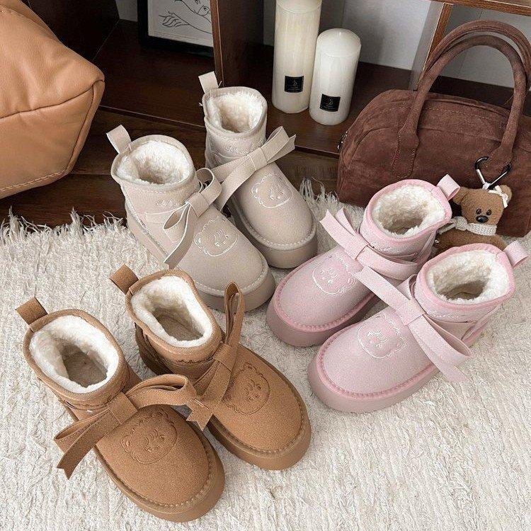 Cute thick-soled snow boots for women 2025 new winter sheep puffs bow warm and velvet non-slip cotton shoes for women