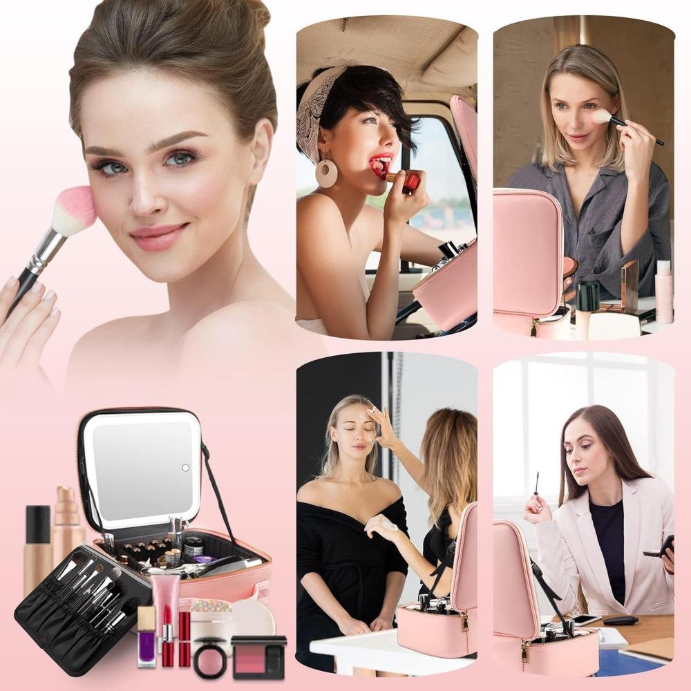 Makeup Bag with LED Mirror Travel Large Train Case Cosmetic Organizer Make Up Bags with 3 Color Lights and Adjustable Dividers