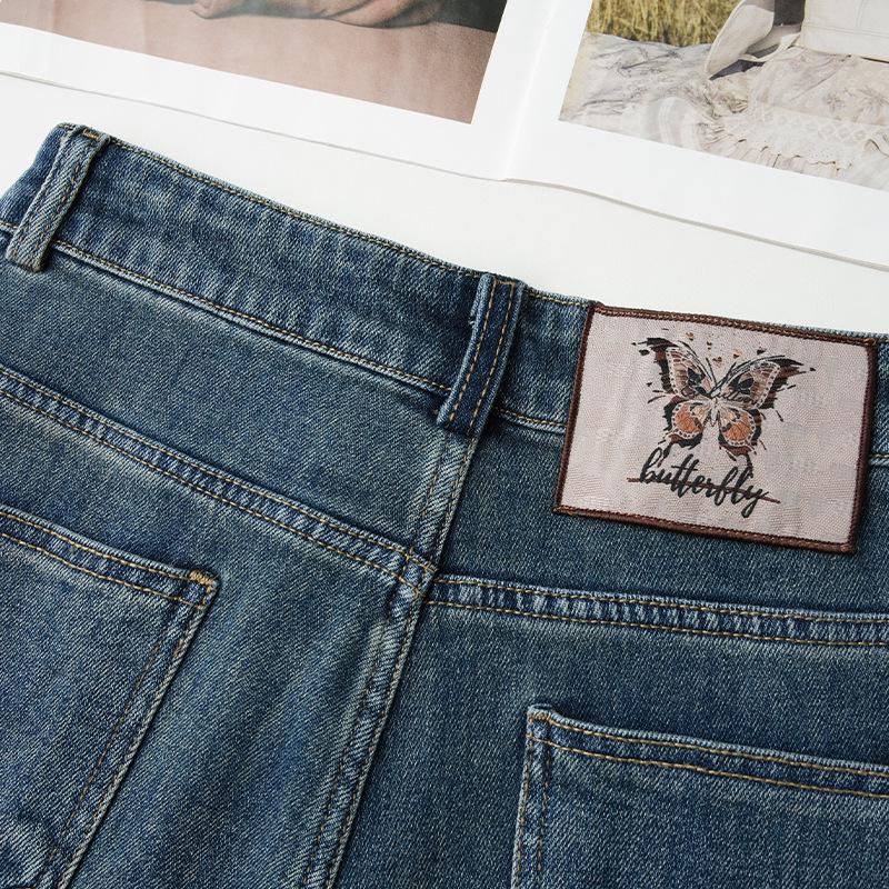 Jeansi Retro Albastru Damă cu Talie Înaltă și Picior Larg - Brodați, Croială Largă, Primăvară/Toamnă 2025