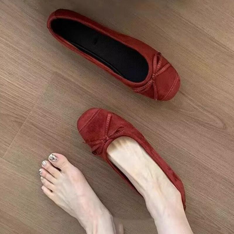 Mary Jane Shoes for Women Slip-on Round Toe with Bow Red Woman Flats 2025 Summer Young Casual Elegant Dress Quick Delivery Chic