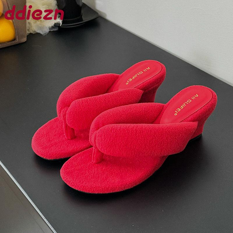 Fashion Red Fashion Round Toe Ladies Wedges Slippers Shoes Footwear Flock Women Wedges Slippers Shoes Female Sandals Slides Flip flops