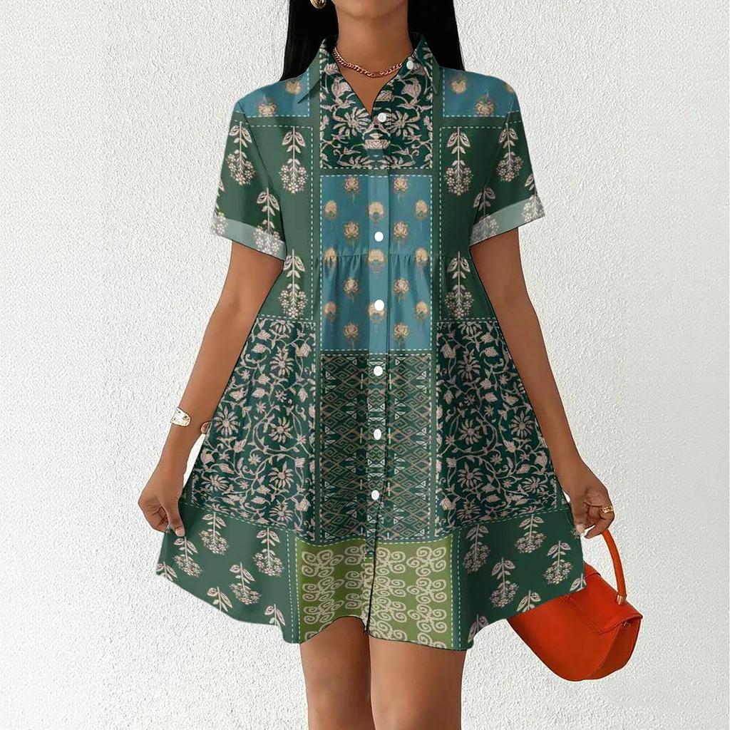 Women’s Casual Loose Fit Shirt Dress Button Front Stand Collar Short Sleeve Relaxed Tunic Dress with Geometric Print