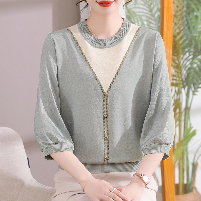 

Spring/Summer Women s Loose Knit Sweater - Round Neck, Patchwork Ice Silk Top 110