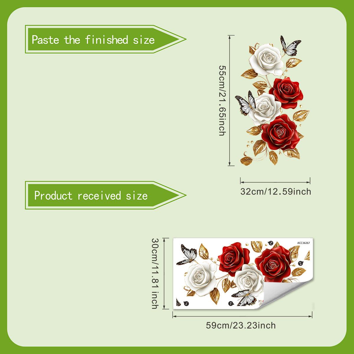 Light Luxury Red and White Gold Rose Butterfly Refrigerator Sticker Self-adhesive Waterproof Decorative Wall Sticker Without Leaving Glue 2 piece