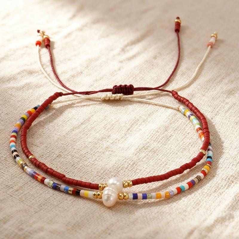 2 Piece Handcrafted Bohemian Pearls Bracelets Adjustable Cord Braided Design Beaded Bangle for Everyday Wear