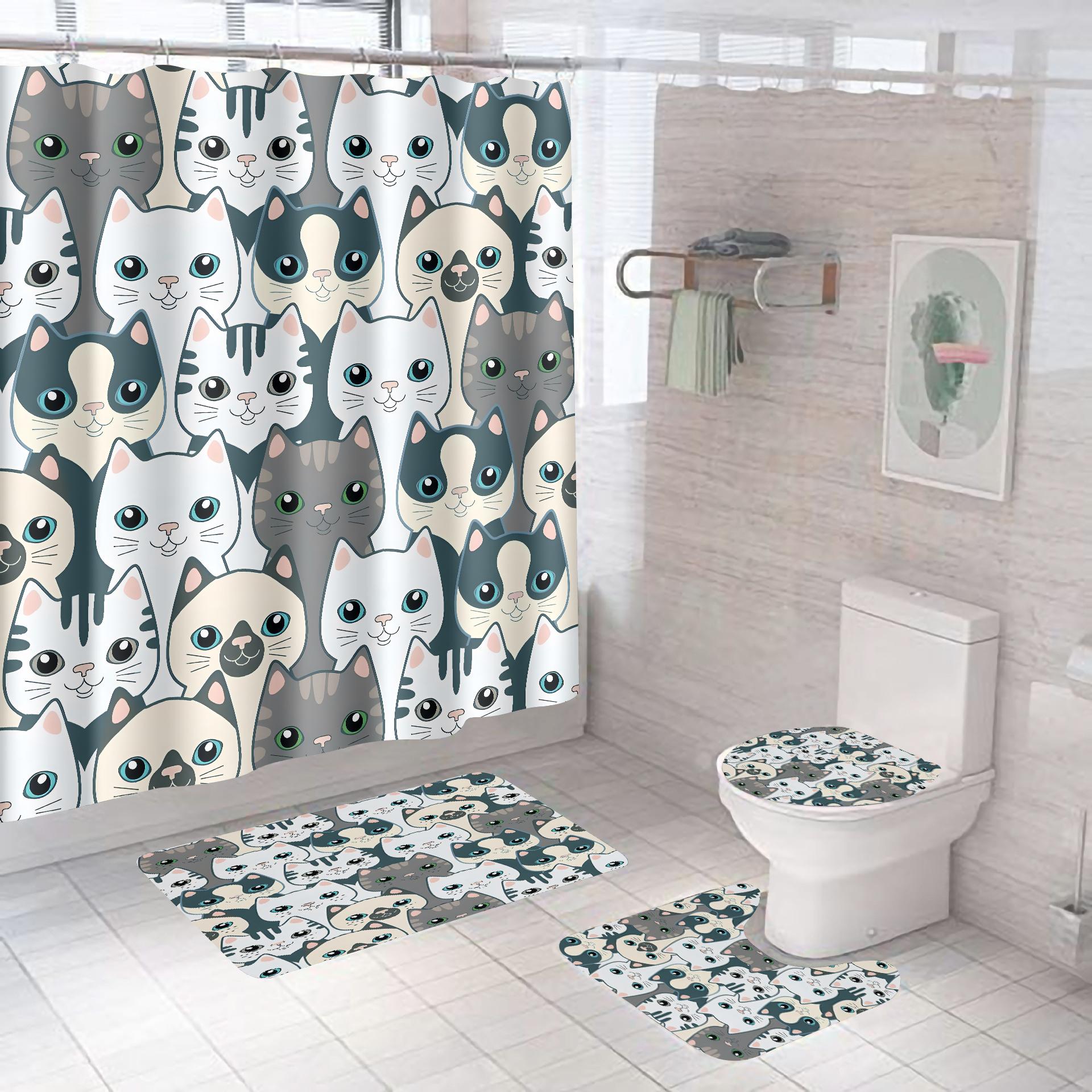 

4Pcs Funny Cat Print Shower Curtain Set with Non-Slip Rugs Toilet Lid Cover and Bath Mat Waterproof Fabric Bathroom Decor Set with Hooks 4Pcs set