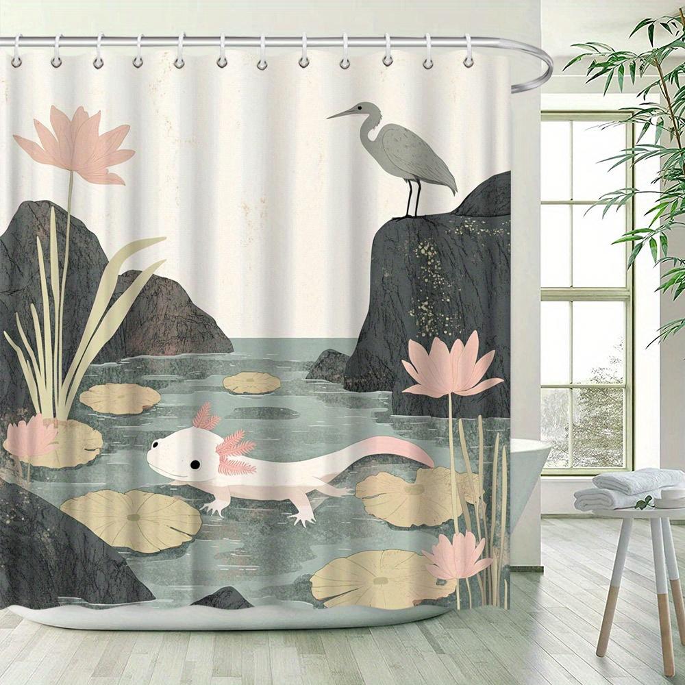 Playful Watercolor Shower Curtain - Axolotl & Heron Design, Soft Colors, 12 Hooks Included, 70X70 Inches