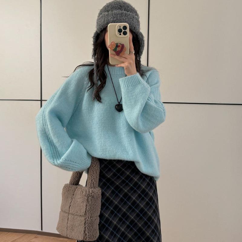 Lazy wind round neck pullover sweater women's autumn and winter new loose and thin soft waxy outer knitted sweater top