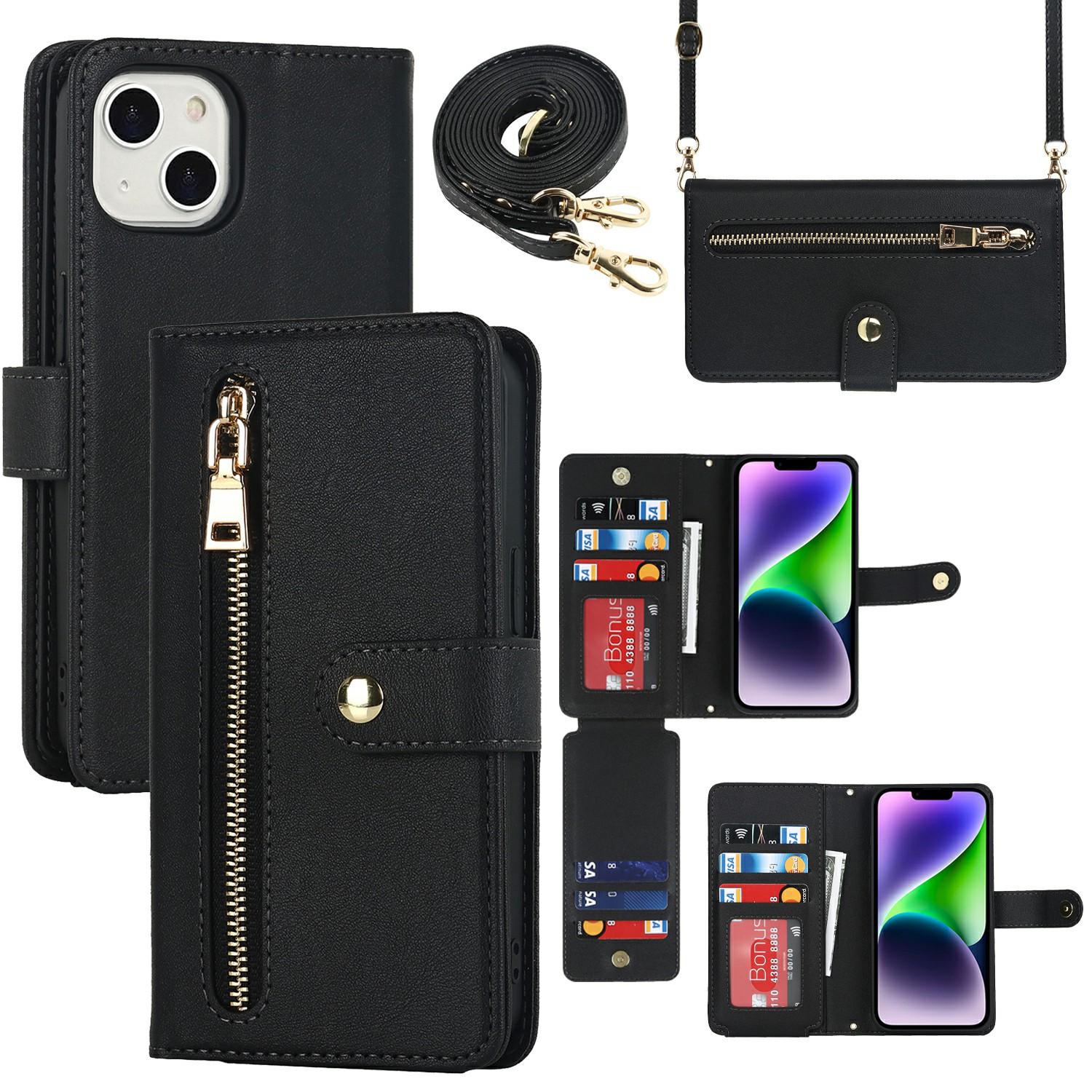 

For iPhone 14 Plus Stand Case PU Leather Phone Cover with Straps/Zipper Wallet/Multiple Card Slots Black