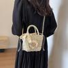 Weave Lace Bow Handbag Dacron Square Shape Straw Weave Bag Small Bucket Tote Bag