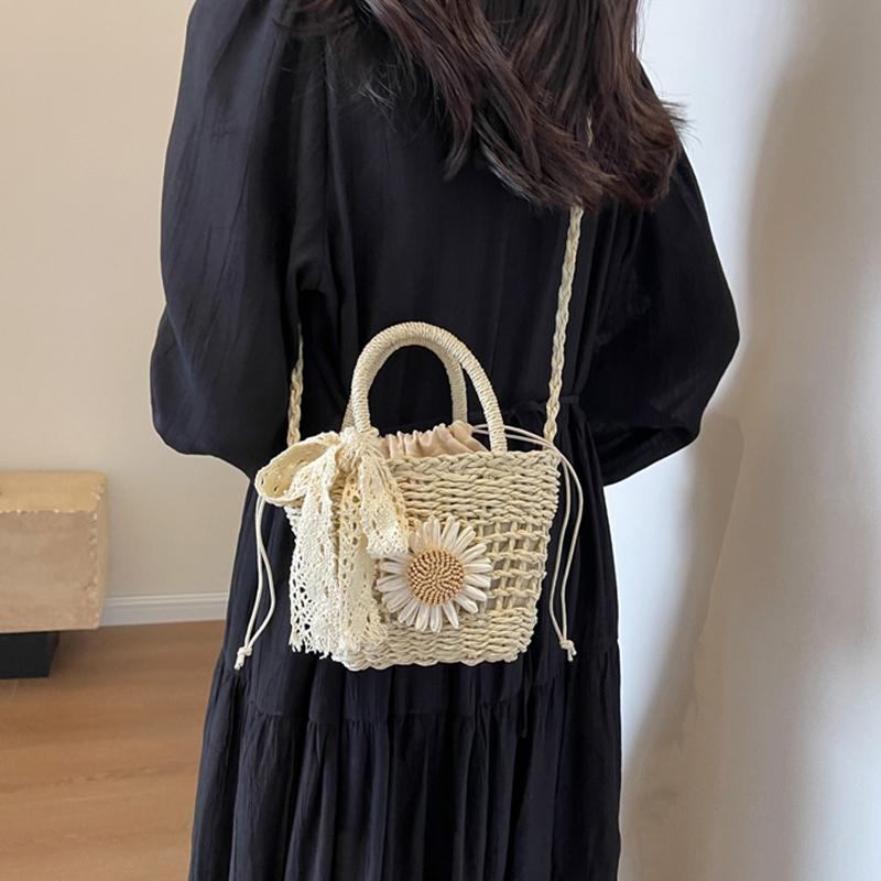 Weave Lace Bow Handbag Dacron Square Shape Straw Weave Bag Small Bucket Tote Bag