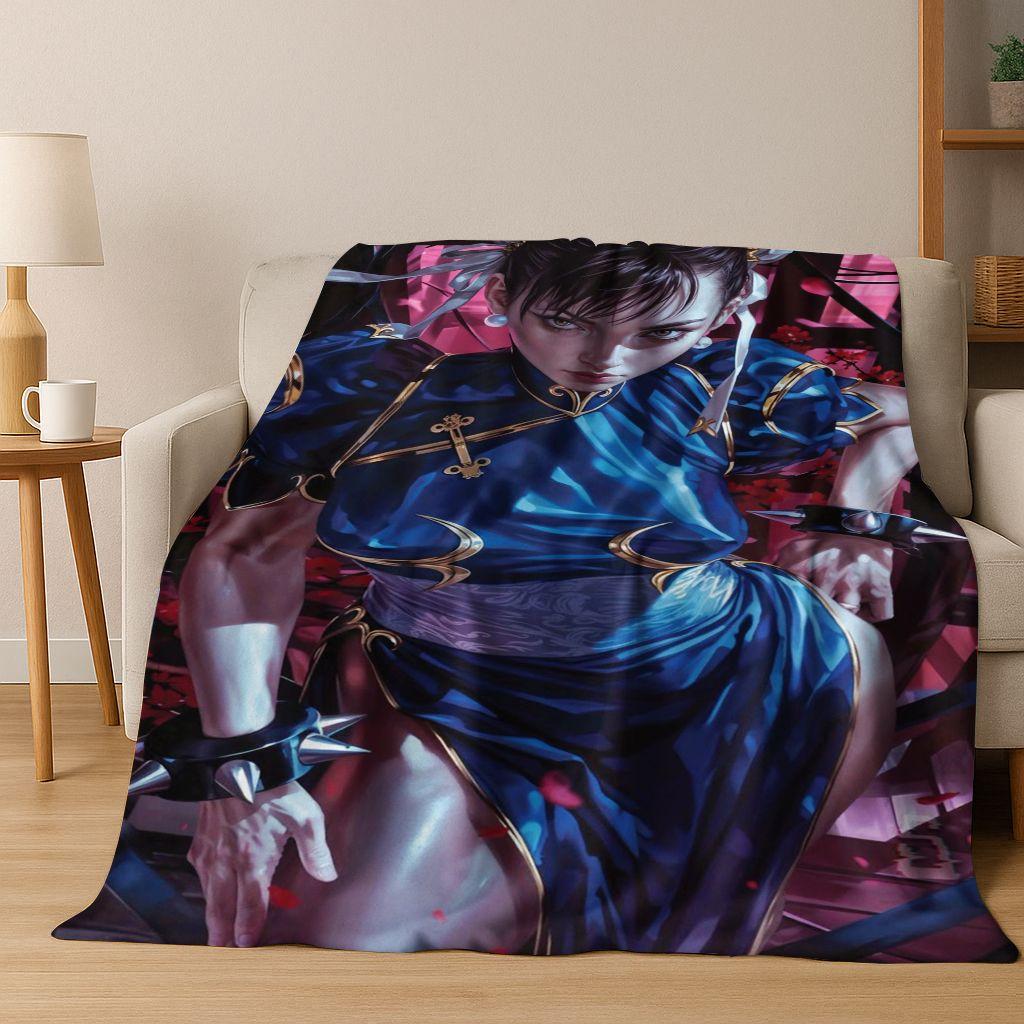 Retro Street Fighter 6 Characters Game Chun-Li Art Flannel Blanket,Cozy Soft Throw Blanket for Home Bedroom Bed Sofa Cover Kids