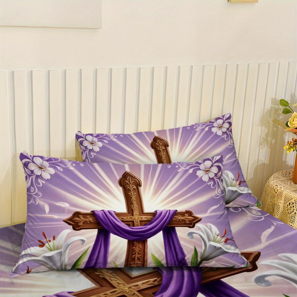 3pcs Fitted Sheet Set - 1*Fitted Sheet with Holy Cross Pattern + 2*Cushion Covers, No Core, Fashionable Soft Comfort Bedding