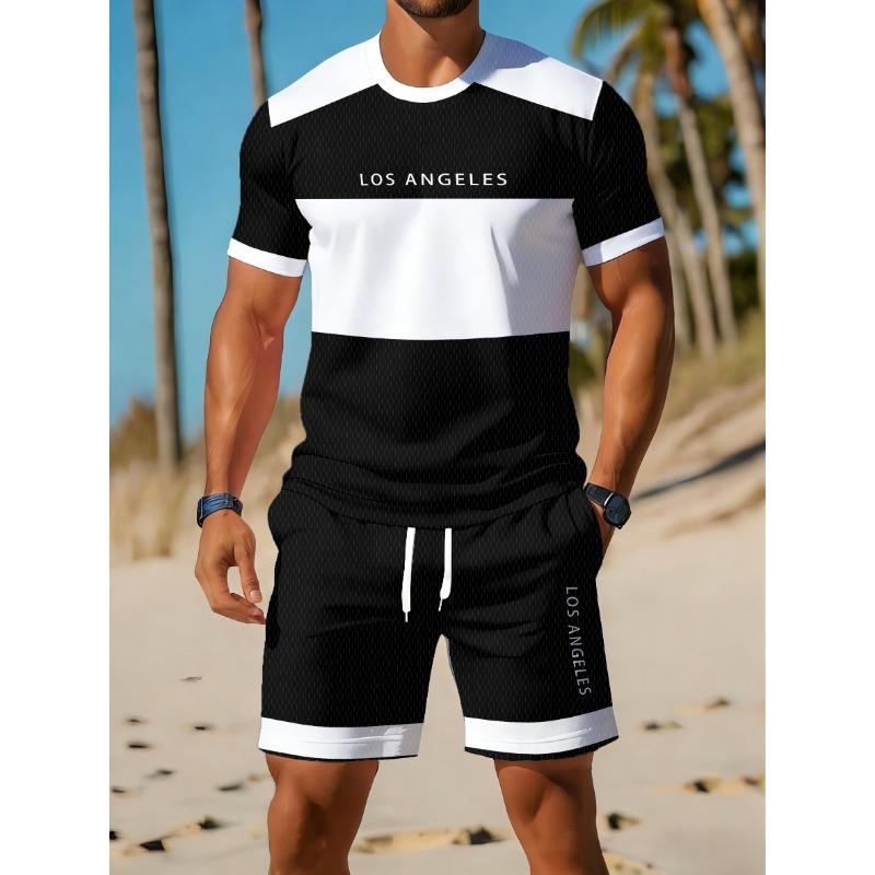 Summer Men's Sportswear Striped Short Sleeved T-shirt Set Two-piece Outdoor Travel Clothing Loose Fit Shorts Training Suit