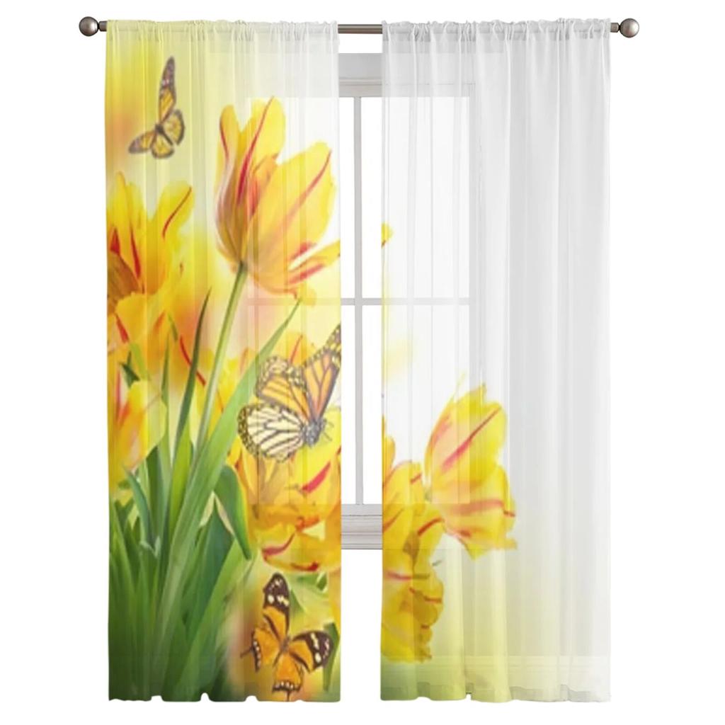 Red Tulips And Butterfly Sheer Curtains Bedroom Voile Curtain Living Room Window Sheer Curtains Kitchen Tulle Drapes