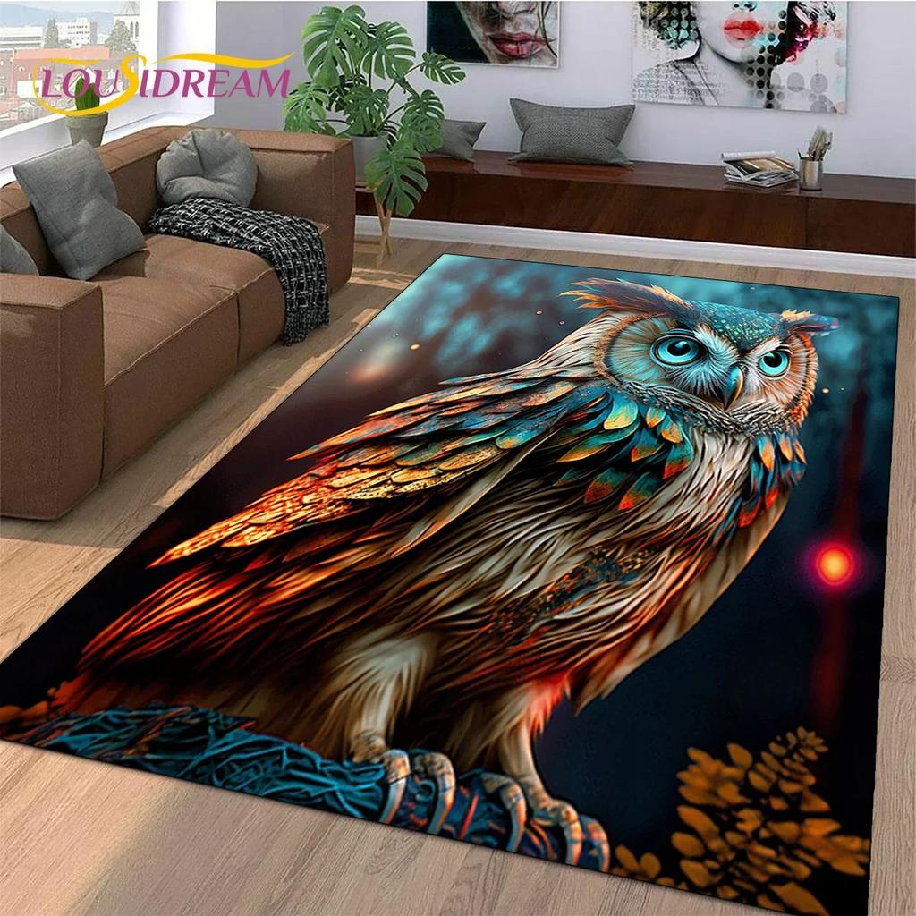 3D Süße Eule Adler Vögel Cartoon Teppich für Schlafzimmer Wohnzimmer Zuhause Sofa Dekoration, Kinderspiel Große Dekor Bodenmatte Geschenk