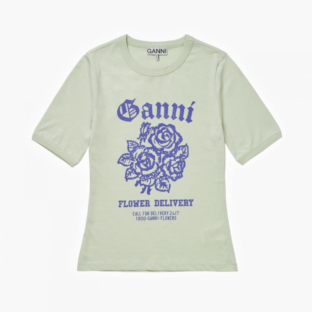 Ganni T3632 822 Flower Logo Print Women S Short Sleeve Tee