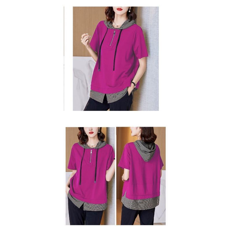 Pure Cotton Large Size Women's Short-sleeved Summer High-end Loose Hooded Cotton Top