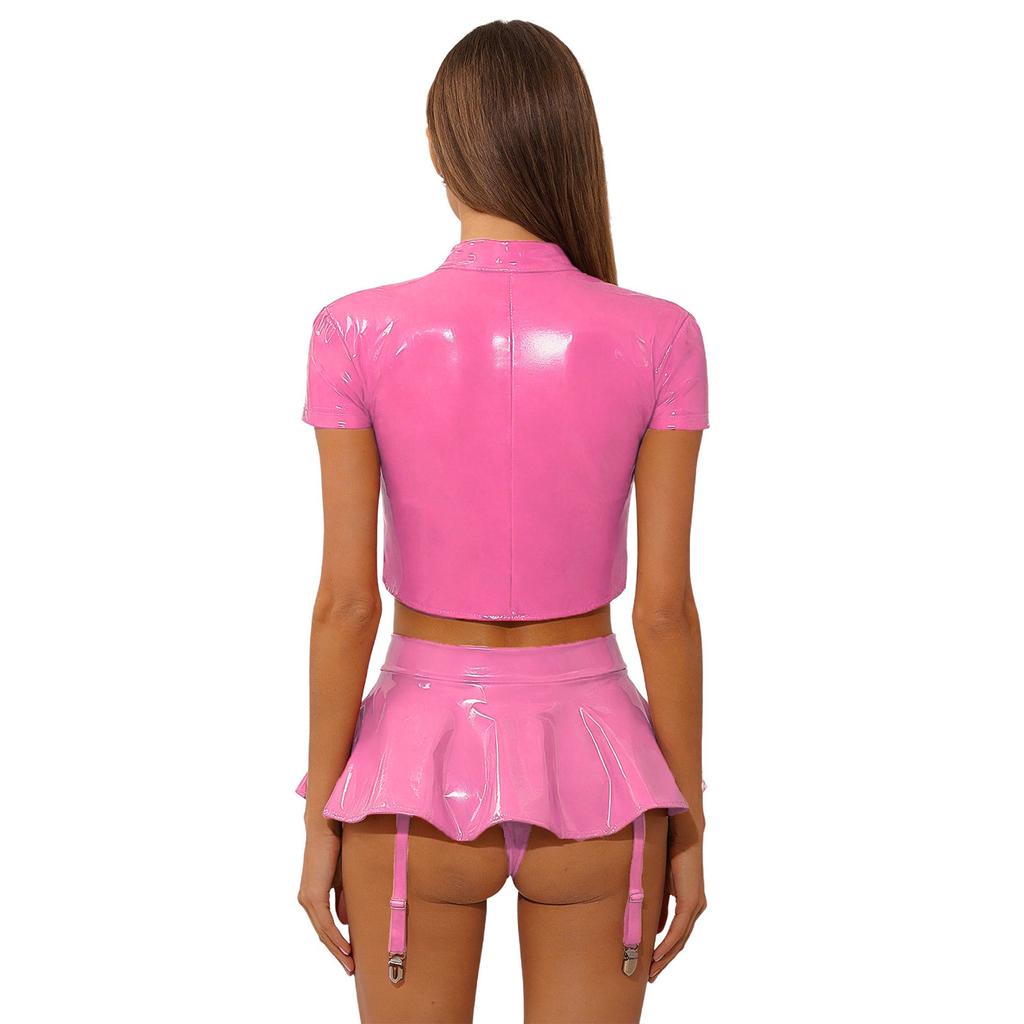 Womens PU Leather Crop Top Cutout Short Sleeve Push-up Underwire Built-in Thong Mini Skirt Rave Clubwear