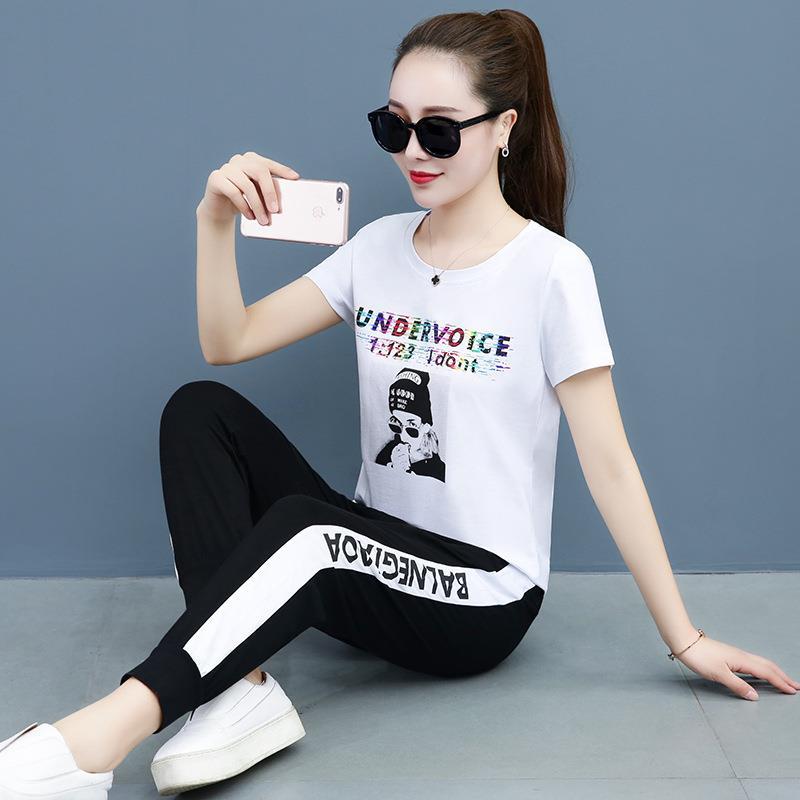 Casual Fashion Summer Sports Suit Women Korean Style Loose Female Student Short Sleeve Running Two-piece Set