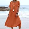 Women Casual Cotton Linen Short Sleeve Round Neck Solid Color Loose Pocket Beach Holiday Seaside Dress Skirt Summer