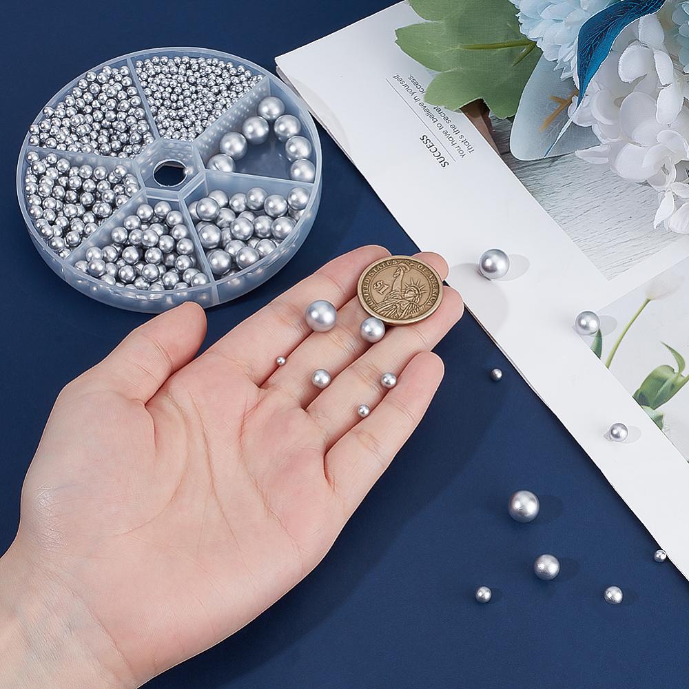 1set 1070pcs 6 Styles ABS Plastic Imitation Pearl Beads Round Matte Style No Hole/Undrilled Light Grey 3~10mm