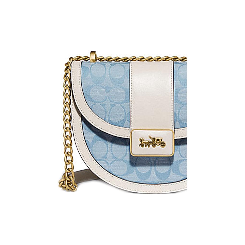 Coach Alie 21 Monogram Color Block Chain Chambray Canvas Print Leather And Fabric Saddle Bag Crossbody Small Women saddle bag C4694-B4SUX
